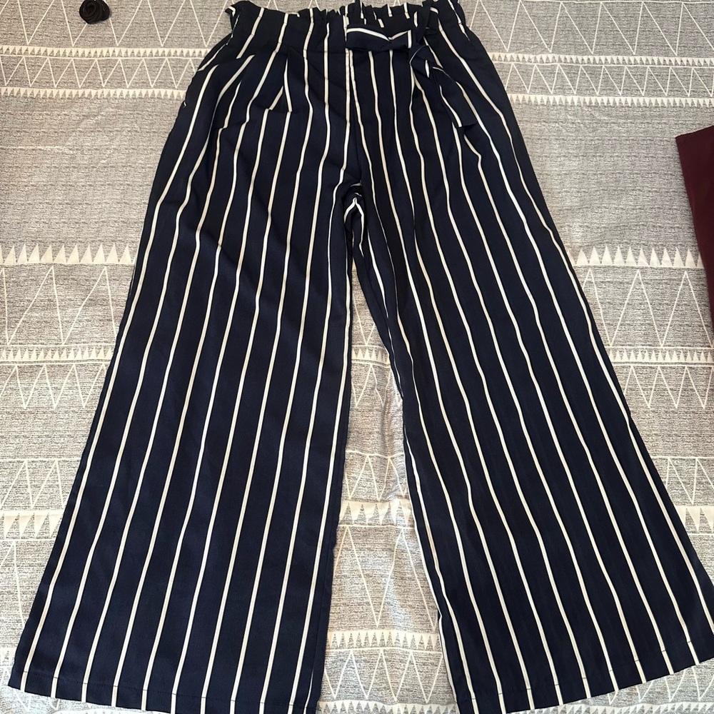 Wide navy blue striped pants